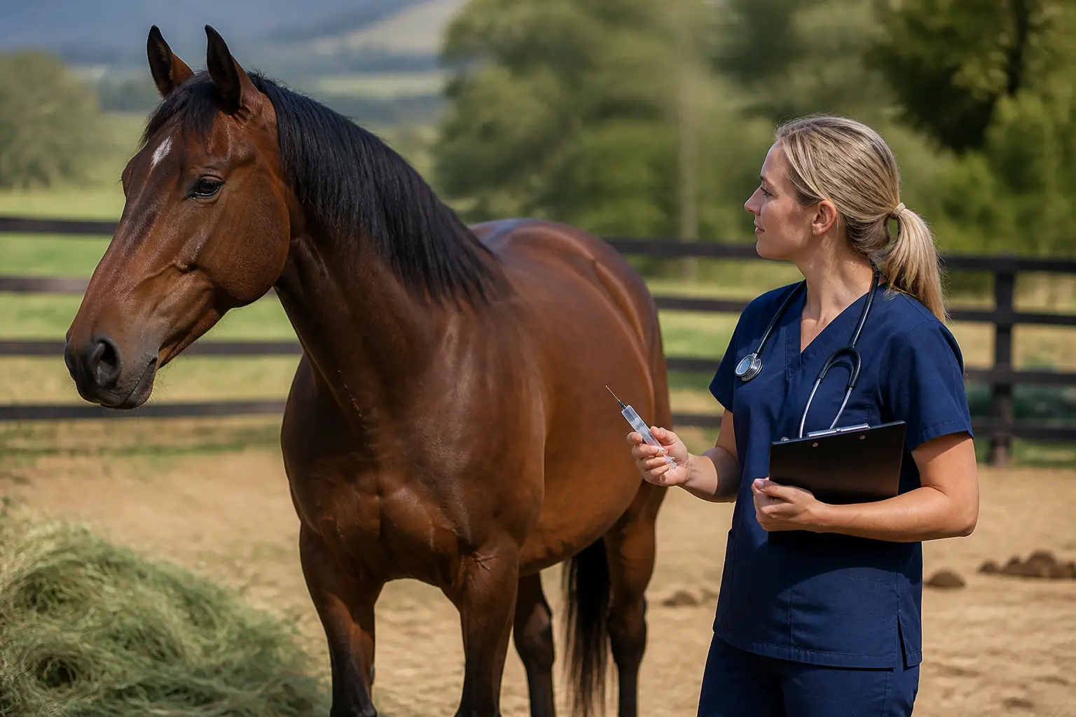 Vermifuge cheval : cavalier et vétérinaire près d’un cheval calme au paddock, soins et gestion du pâturage.