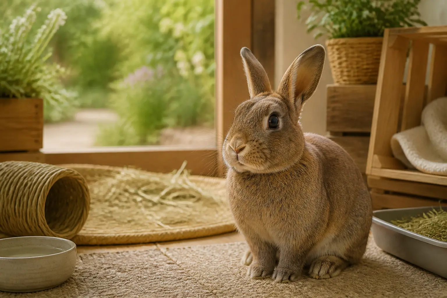 Lapin domestique en intérieur naturel, illustrant l age lapin en humain, avec bol d eau et litière, ambiance douce et rassurante