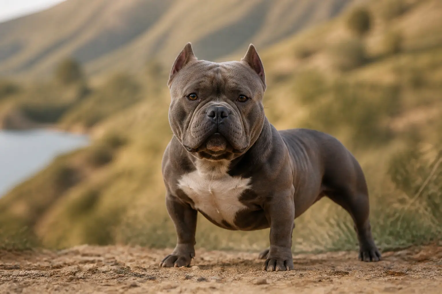 American bully pocket compact et musclé, debout en pose confiante, fond neutre chaleureux, style éditorial premium