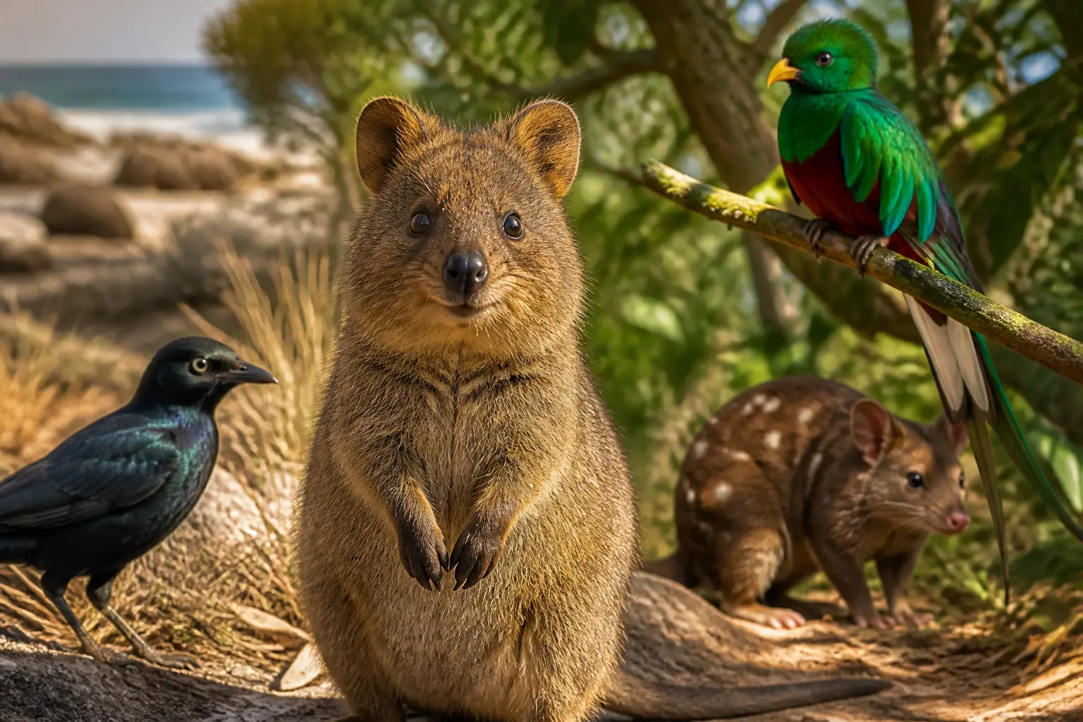 Animaux en q : quokka au premier plan, quetzal, quoll et quiscale bronzé dans un décor naturel chaleureux.