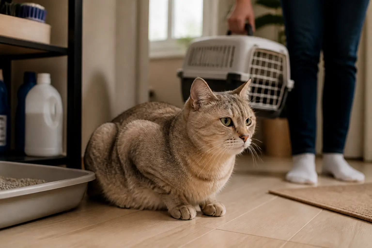Chat domestique en tension légère dans un intérieur calme, illustrant l’asthme chat avec son propriétaire en arrière-plan