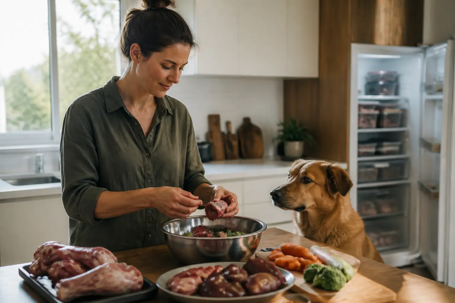 barf chien : préparation d’un repas cru équilibré pour chien dans une cuisine moderne, avec viande, os et légumes frais