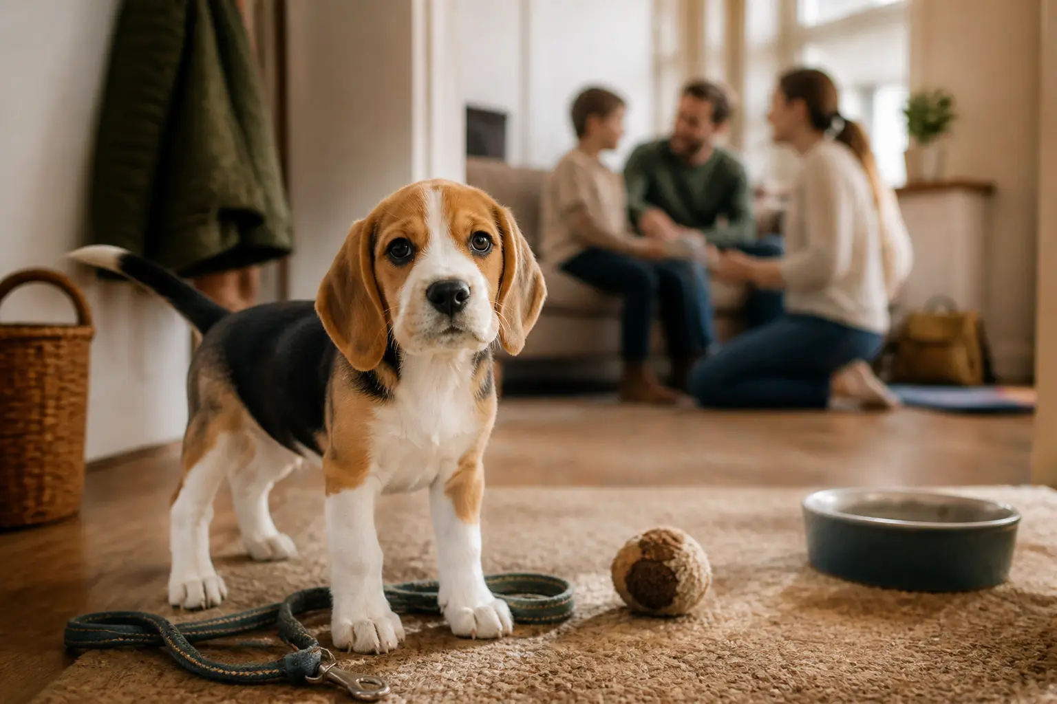 Beagle chiot dans un salon chaleureux avec famille, laisse, gamelle et jouet, ambiance de vie quotidienne responsable