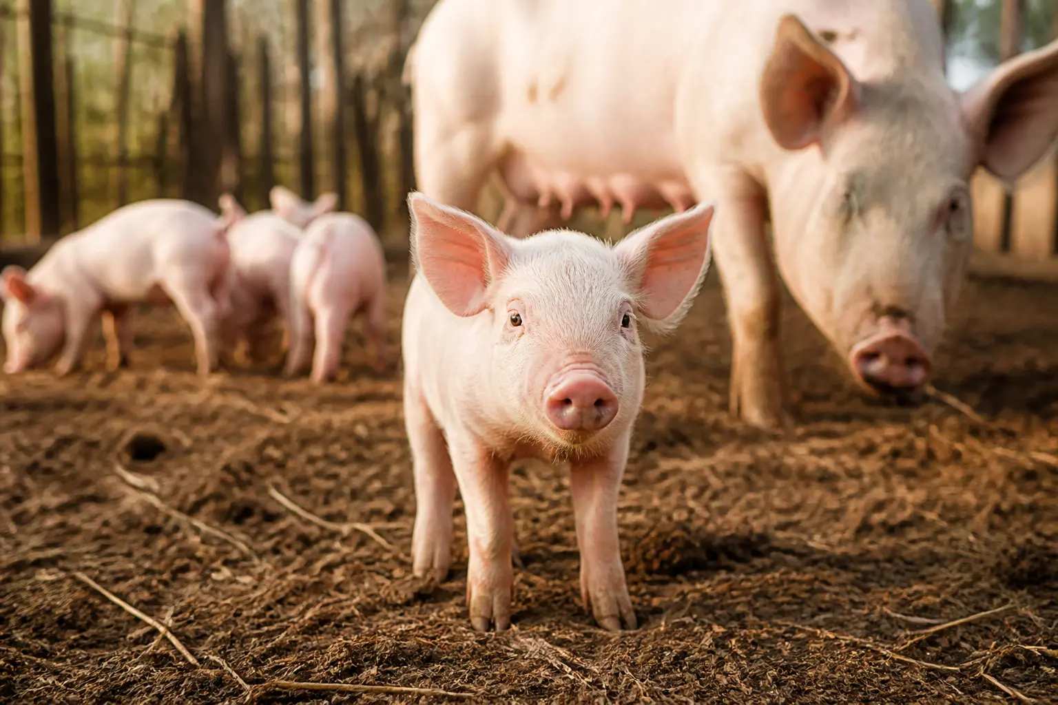 Bebe cochon dans une ferme rustique, près de sa mère et d’autres porcelets, lumière naturelle douce.
