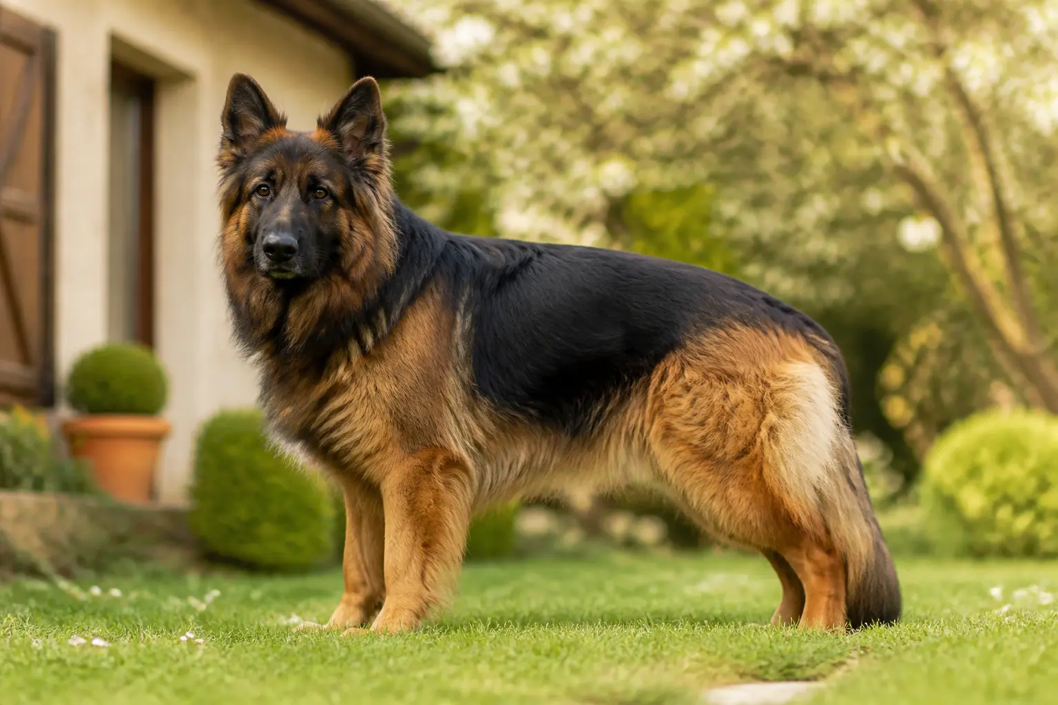 Berger allemand poil long adulte dans un jardin calme, silhouette élégante, regard attentif, lumière naturelle.