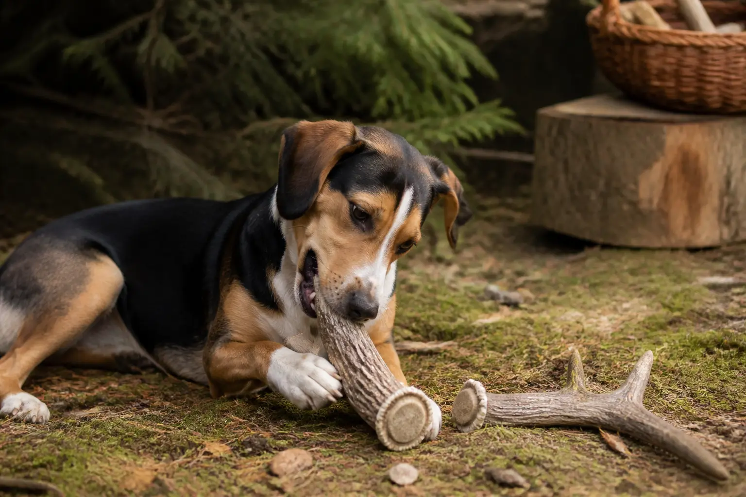 Chien calme mâchant un bois de cerf naturel, avec un second à côté, dans une ambiance forestière chaleureuse.