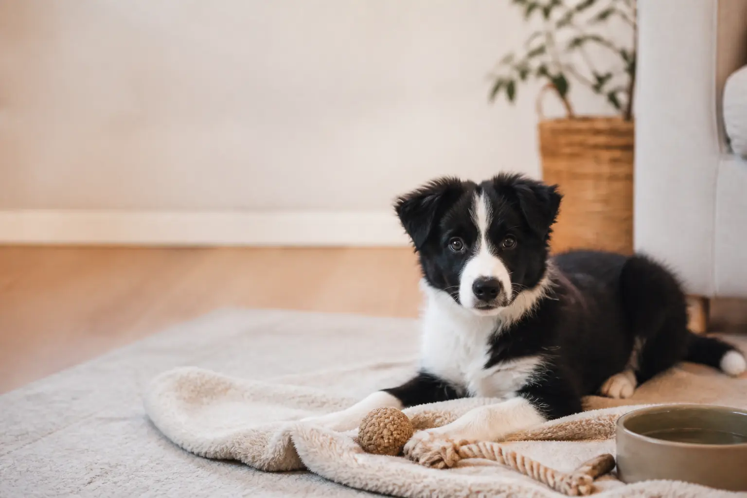 Border collie chiot allongé sur une couverture, regard attentif, ambiance calme et chaleureuse, espace libre pour titre