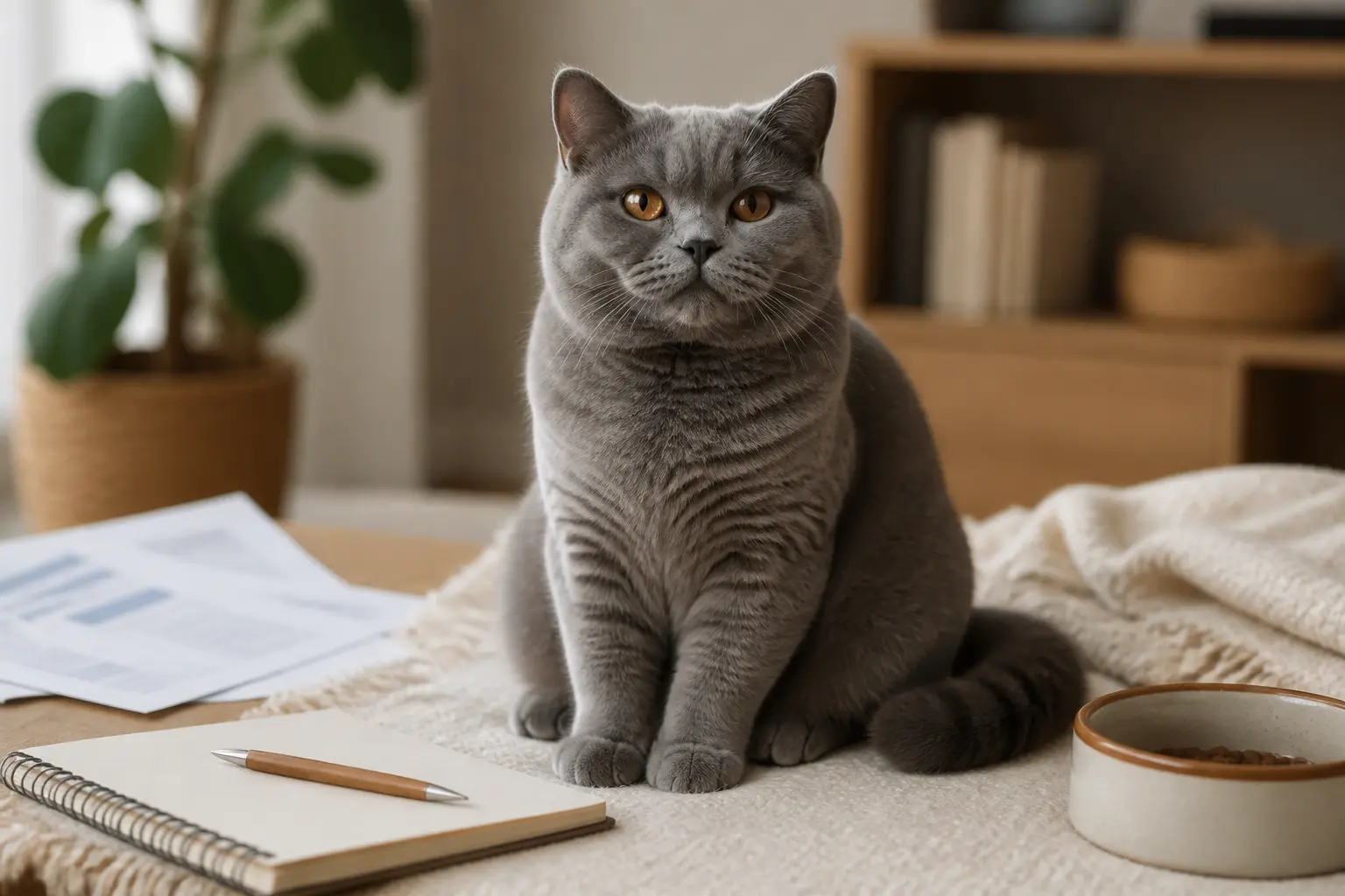British shorthair prix : chat British Shorthair élégant dans un intérieur cosy, avec carnet, gamelle et documents flous