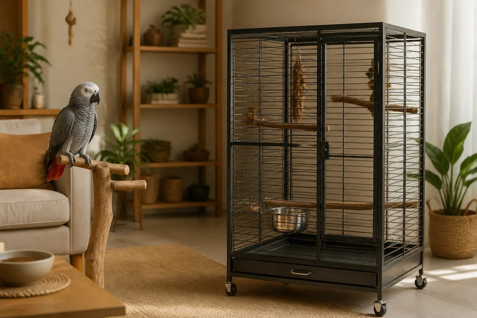 Cage pour perroquet spacieuse en métal sur roulettes, avec perchoirs, gamelles et perroquet calme dans un intérieur élégant