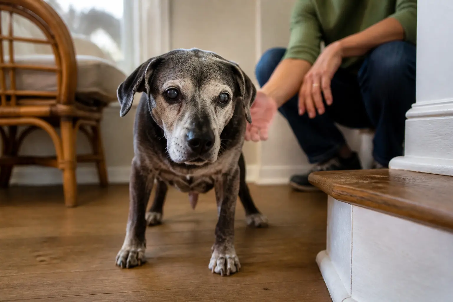 Cataracte chien : chien senior hésitant dans un couloir, œil légèrement trouble, main rassurante du maître en arrière-plan
