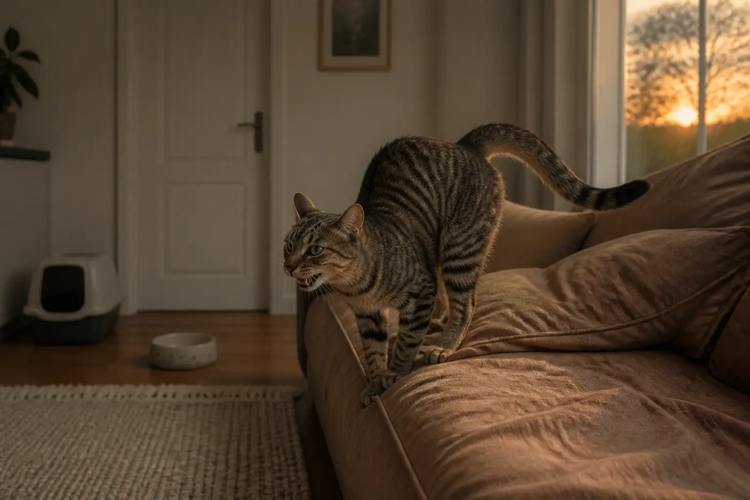 Chaleur chat : chatte en chaleur sur un canapé près d’une fenêtre, intérieur calme avec litière et gamelle.