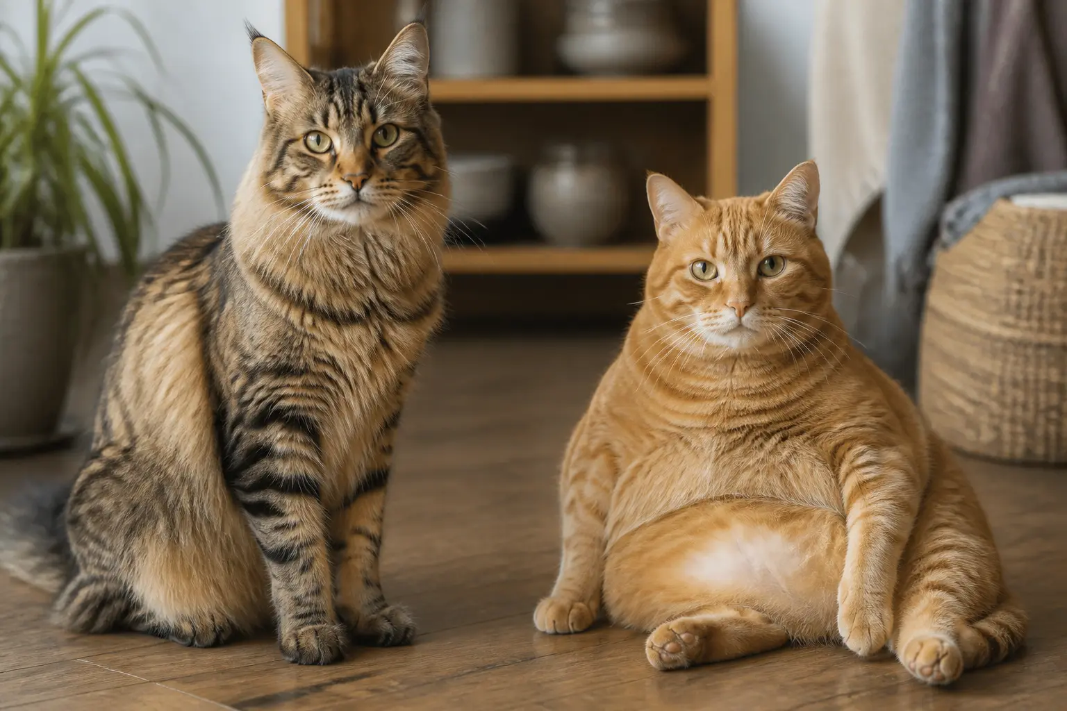 Deux chats côte à côte en intérieur, un chat gros et un chat grand mais mince, comparaison de silhouette naturelle