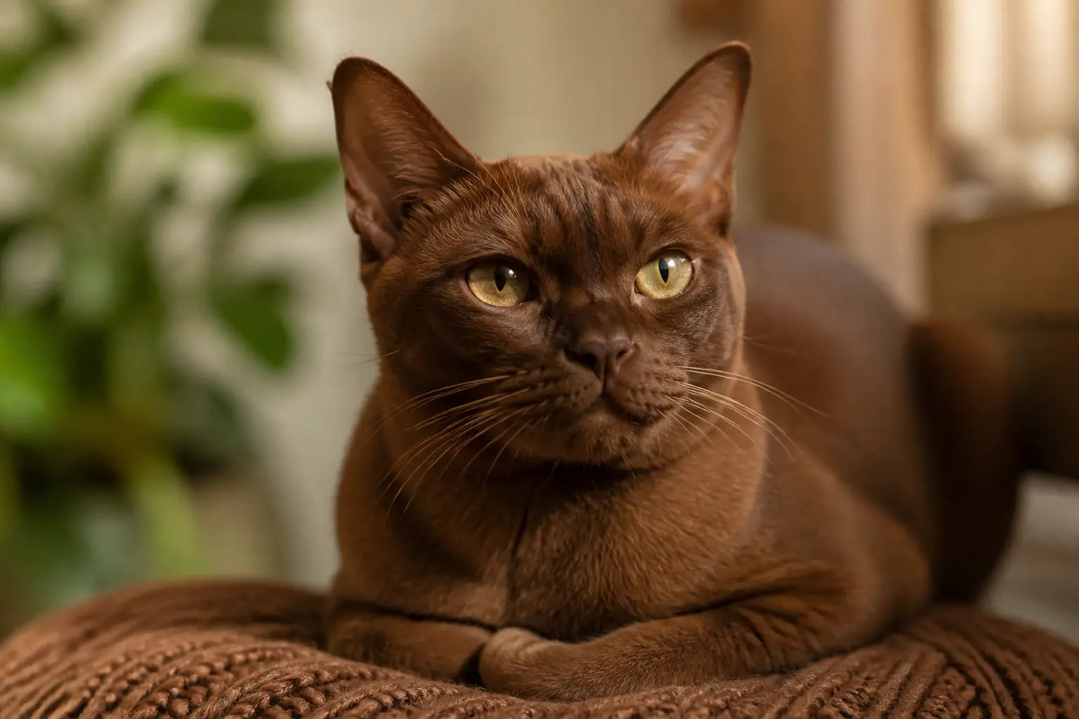 Chat marron en gros plan dans un intérieur naturel, lumière douce et tons chauds, style éditorial réaliste