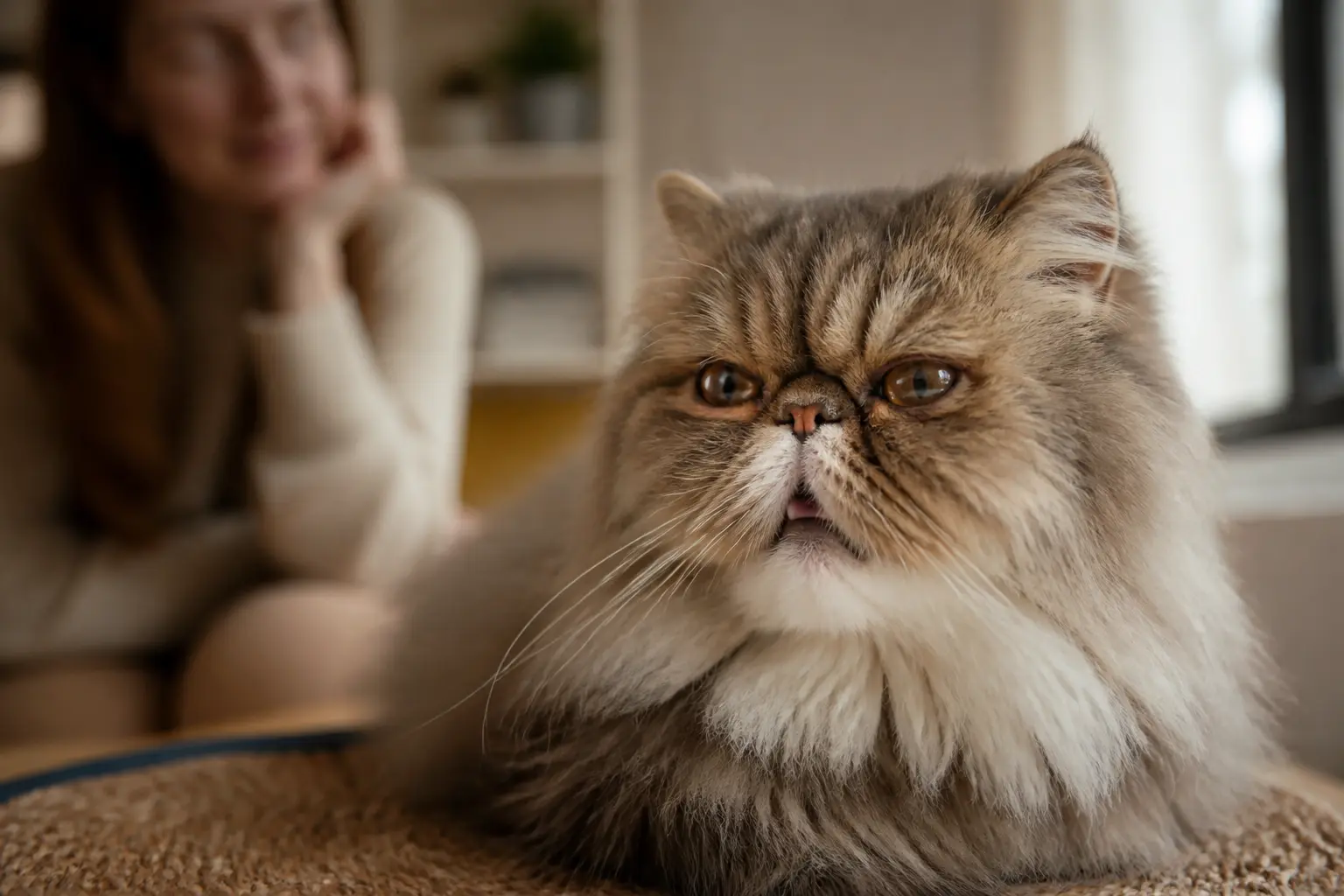 Chat nez écrasé persan en gros plan, bouche légèrement ouverte, yeux larmoyants, intérieur chaleureux, style éditorial.
