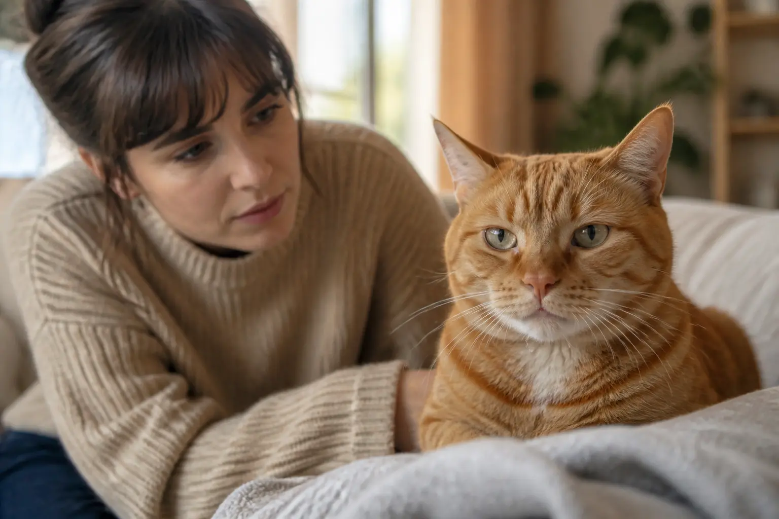 Propriétaire inquiet observant un chat qui bave légèrement, assis calmement sur un canapé dans un intérieur chaleureux