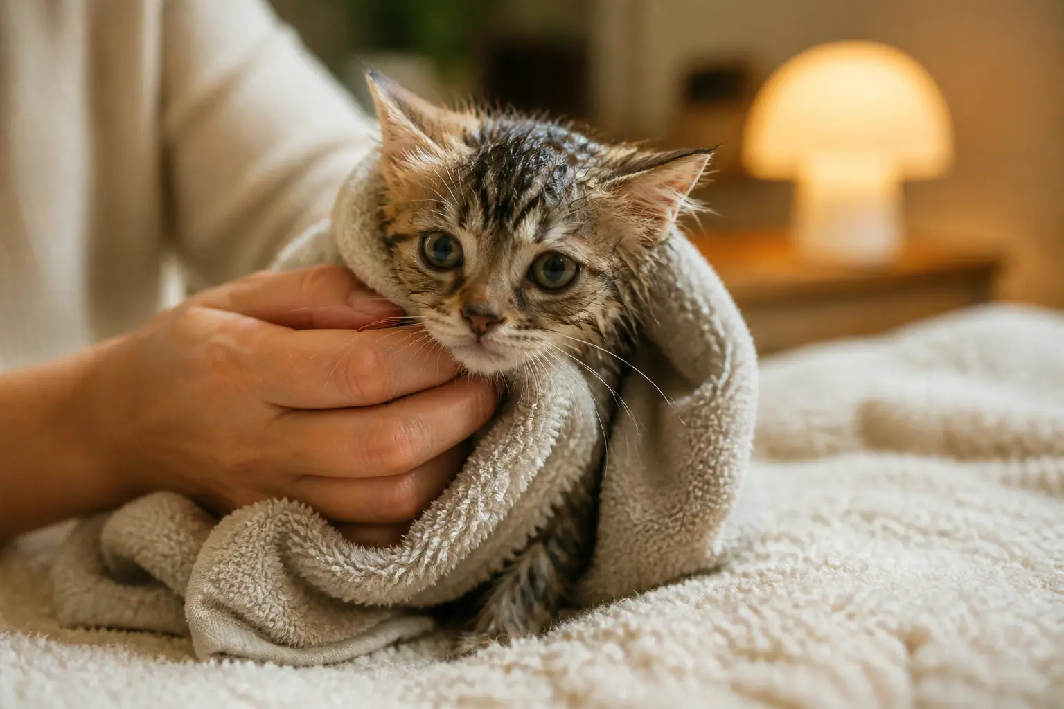 Chaton mouillé enveloppé dans une serviette, examiné et séché doucement par des mains bienveillantes dans un intérieur chaleureux