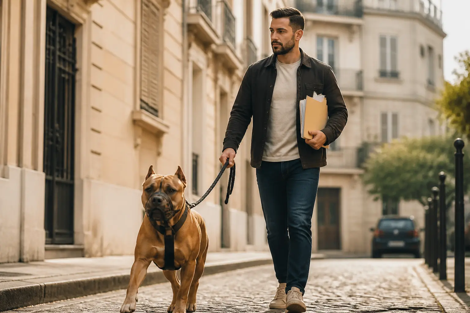 Propriétaire promenant un chien dangereux muselé en ville, avec documents et laisse, ambiance légale en France