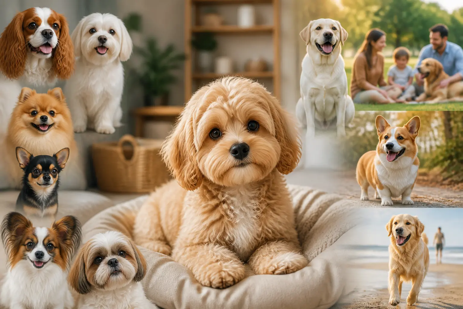Chien mignon central entouré de races adorables, scène éditoriale chaleureuse pour choisir le compagnon idéal selon le mode de vie