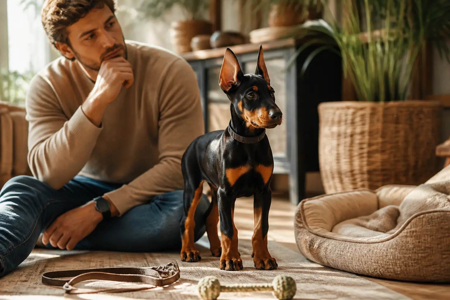 Chiot doberman attentif dans un foyer chaleureux, près d’un futur maître, avec laisse, jouet et coin repos propre.