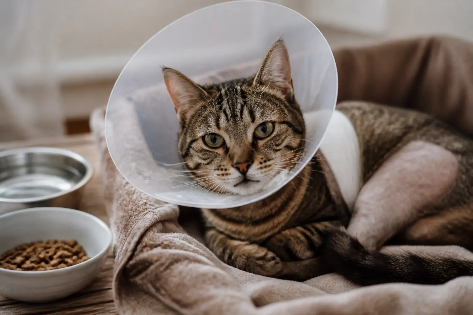 Collerette chat sur un chat en convalescence, allongé sur une couverture, avec gamelles d’eau et de nourriture à proximité