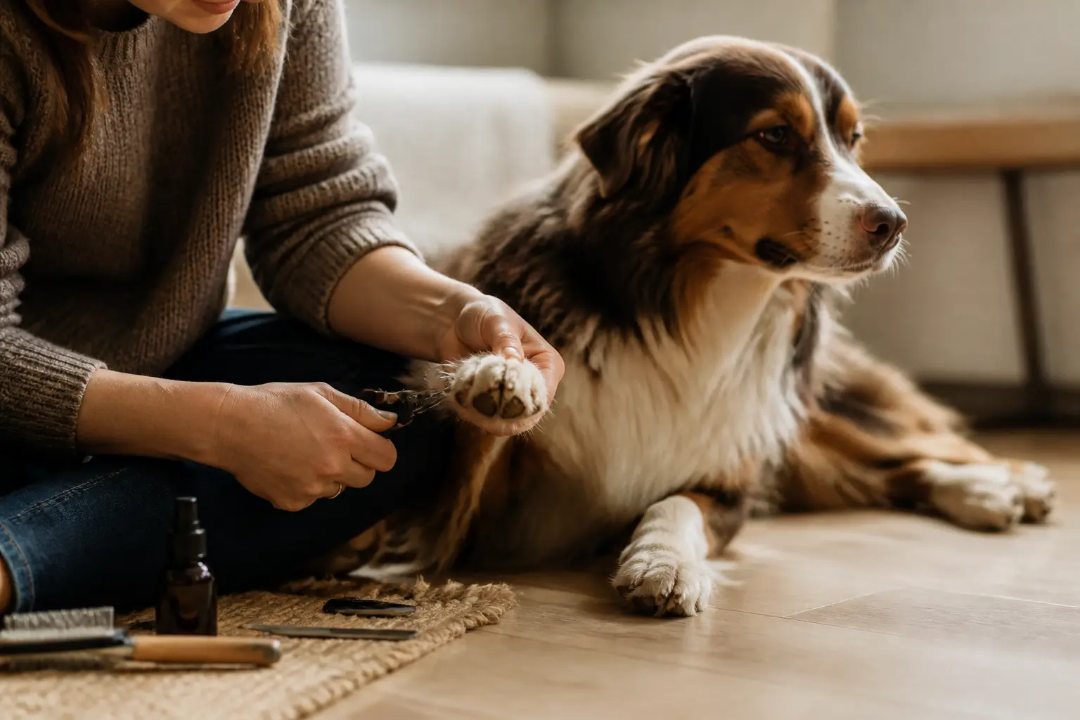 Coupe griffe chien en action : propriétaire français taille les griffes d’un chien calme, kit de toilettage à côté.