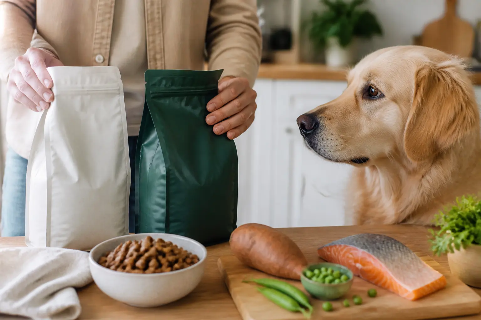 Croquette chien sans cereales comparée par un propriétaire, avec chien adulte, bol de croquettes et ingrédients naturels.
