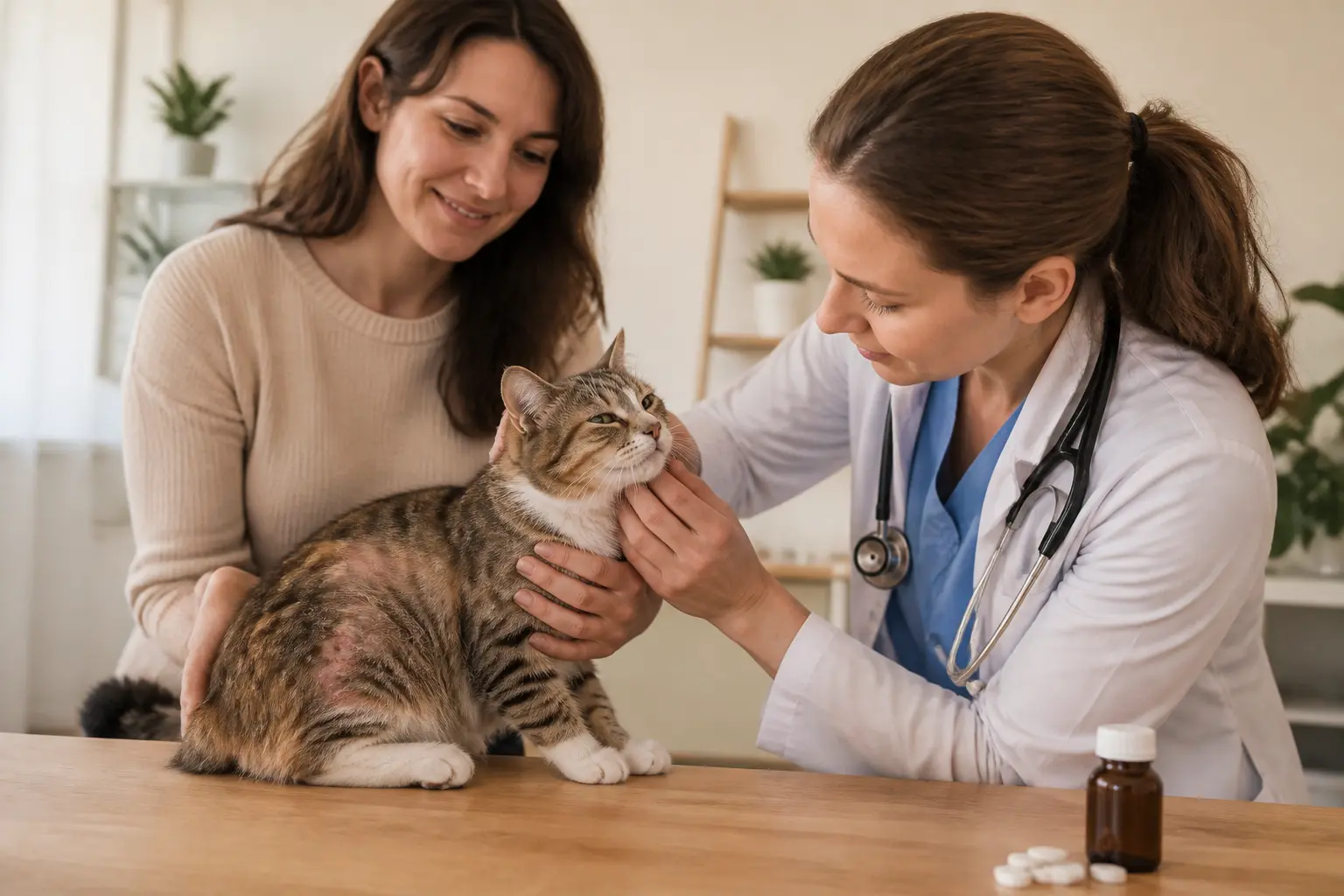 Vétérinaire examinant un chat avec irritation cutanée, dermipred chat et comprimés près de lui, ambiance rassurante