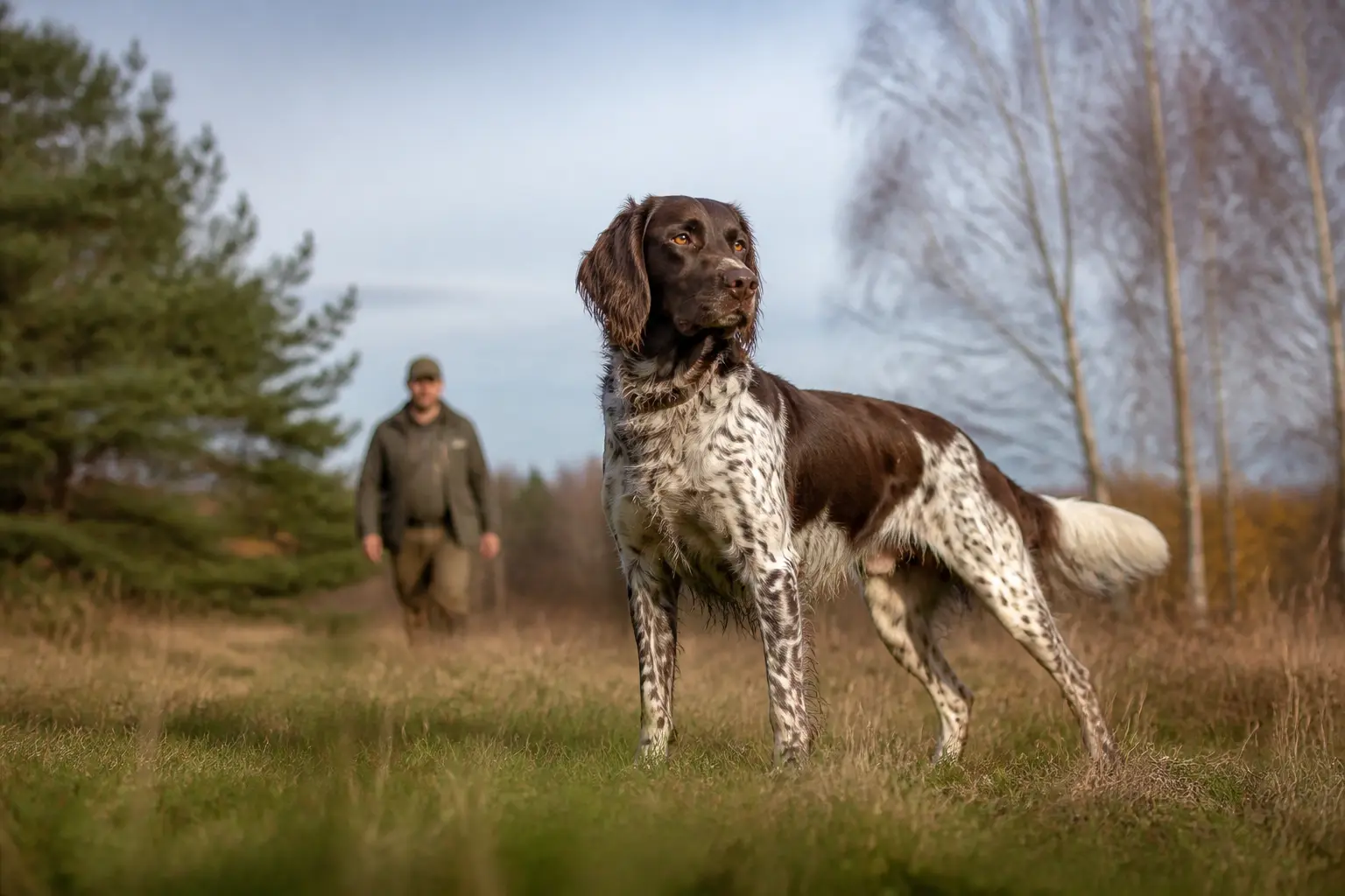 Épagneul de munster en extérieur, chien élégant blanc et brun dans une prairie, ambiance naturelle et familiale