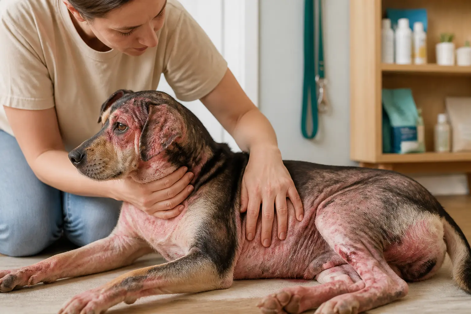Propriétaire examinant un chien atteint de gale chien, peau rouge, croûtes et perte de poils, ambiance vétérinaire douce