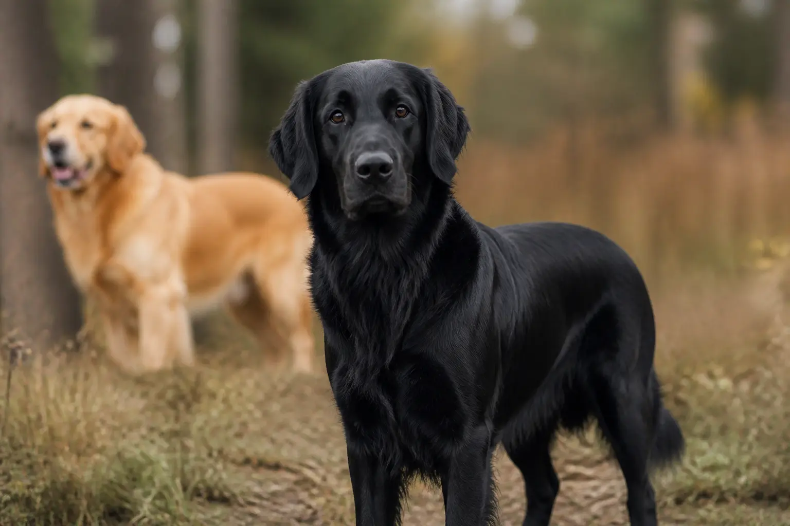 Golden retriever noir en extérieur, avec un retriever doré flou en arrière-plan, style éditorial naturel.