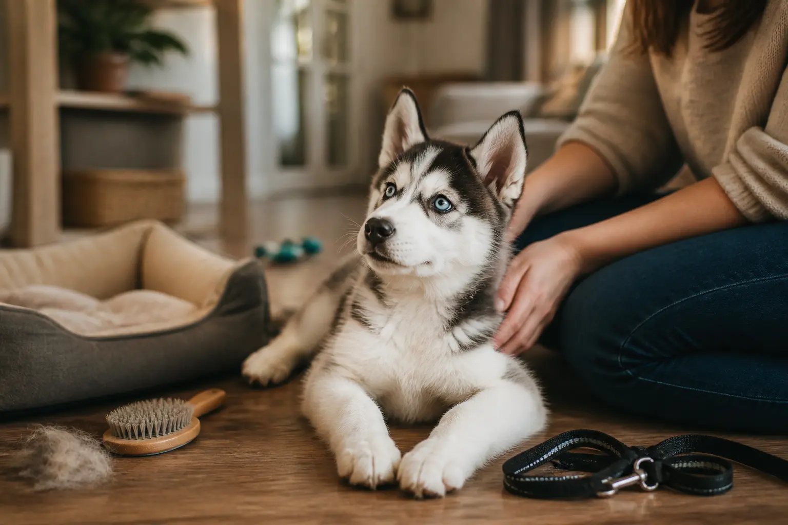 Husky chiot à la maison avec brosse, laisse, panier et mains du propriétaire, ambiance douce et réaliste.