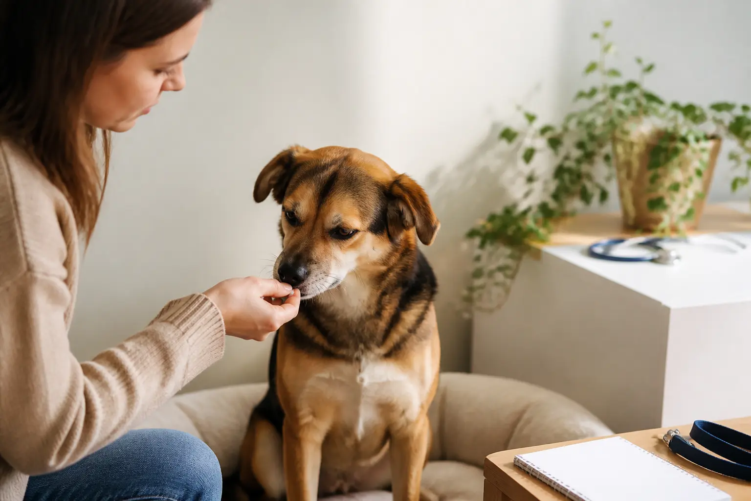 Kesium chien : un propriétaire donne un comprimé à mâcher à son chien à la maison, ambiance vétérinaire rassurante.