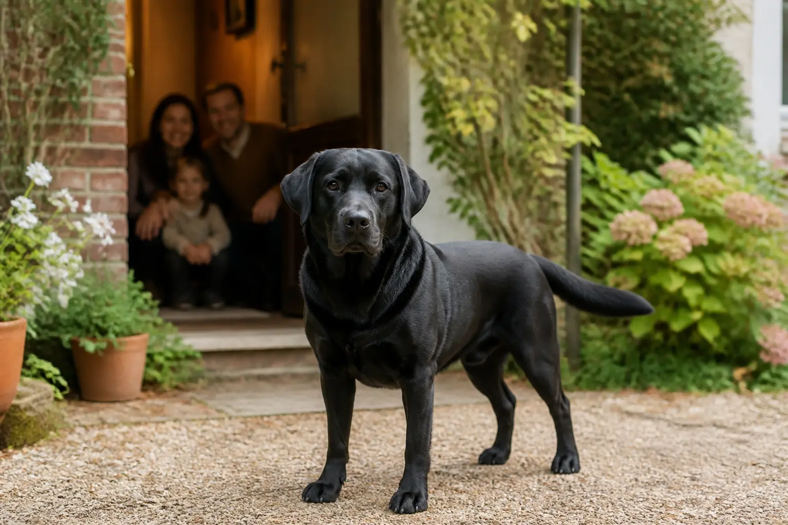 Labrador noir attentif dans un jardin familial chaleureux, au pelage dense et à la posture calme et amicale