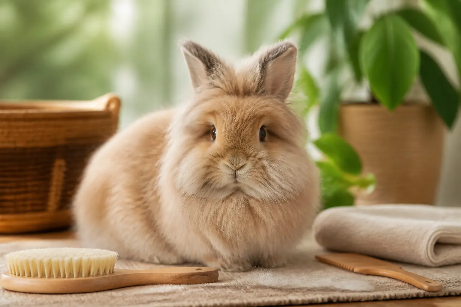 Lapin angora soigné dans un intérieur chaleureux, avec brosse et serviette, lumière douce et ambiance naturelle.