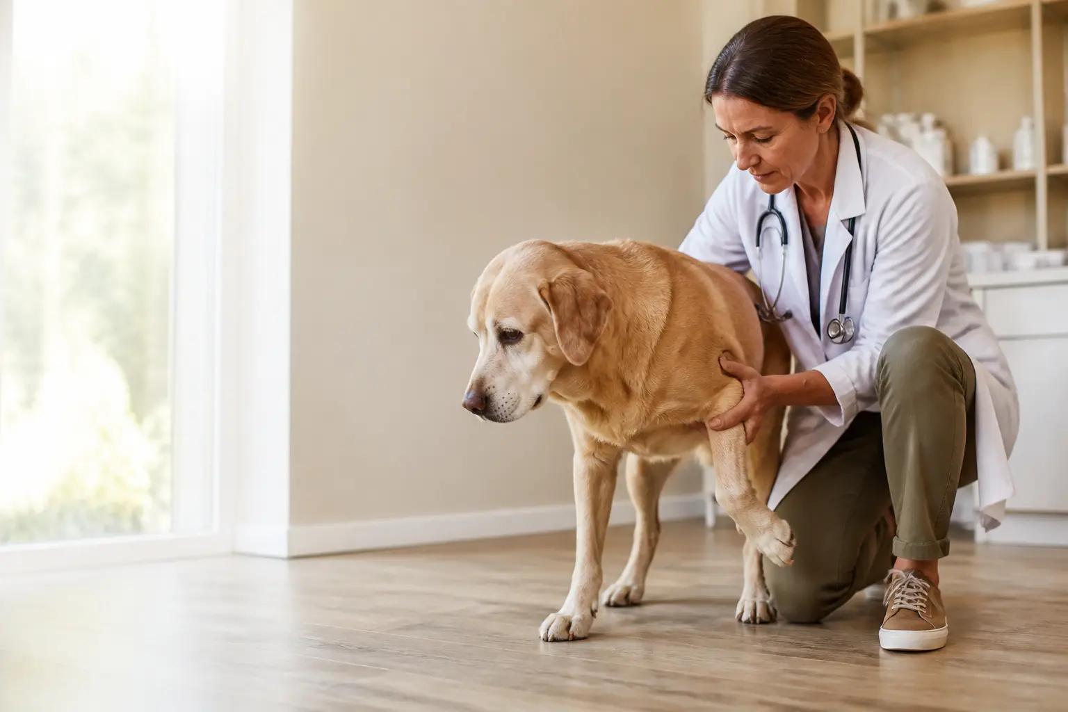 Librela chien : vétérinaire examinant un chien adulte arthrosique dans une clinique lumineuse et rassurante