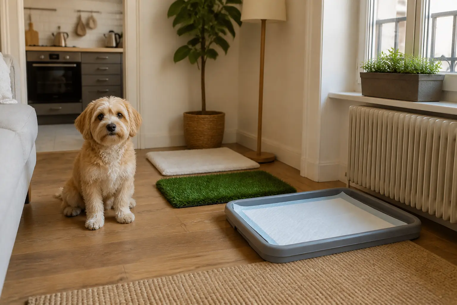 Litiere pour chien en appartement : petit chien près d’un bac discret avec tapis absorbant, intérieur moderne lumineux