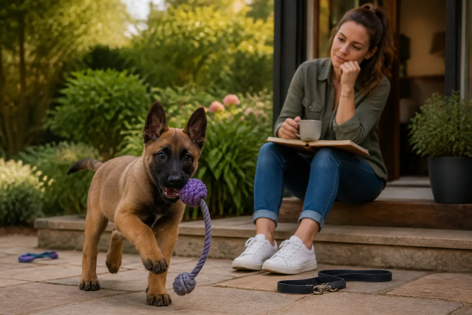 Malinois chiot joueur dans un jardin, près d’un adulte attentif, avec laisse et jouet, ambiance d’éducation et routine