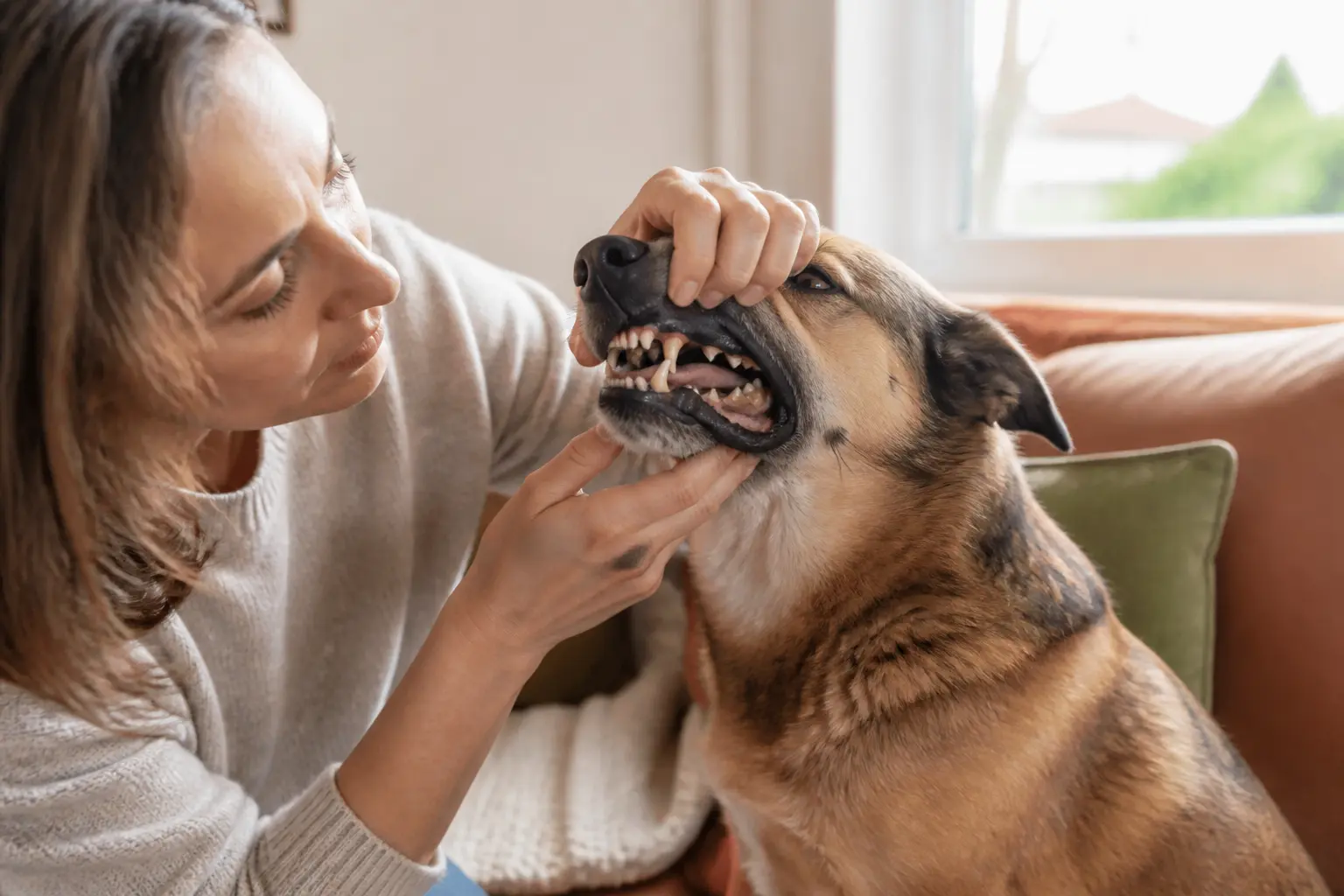 Propriétaire examinant la bouche d’un chien, mauvaise haleine chien et gencives légèrement rouges sur canapé lumineux