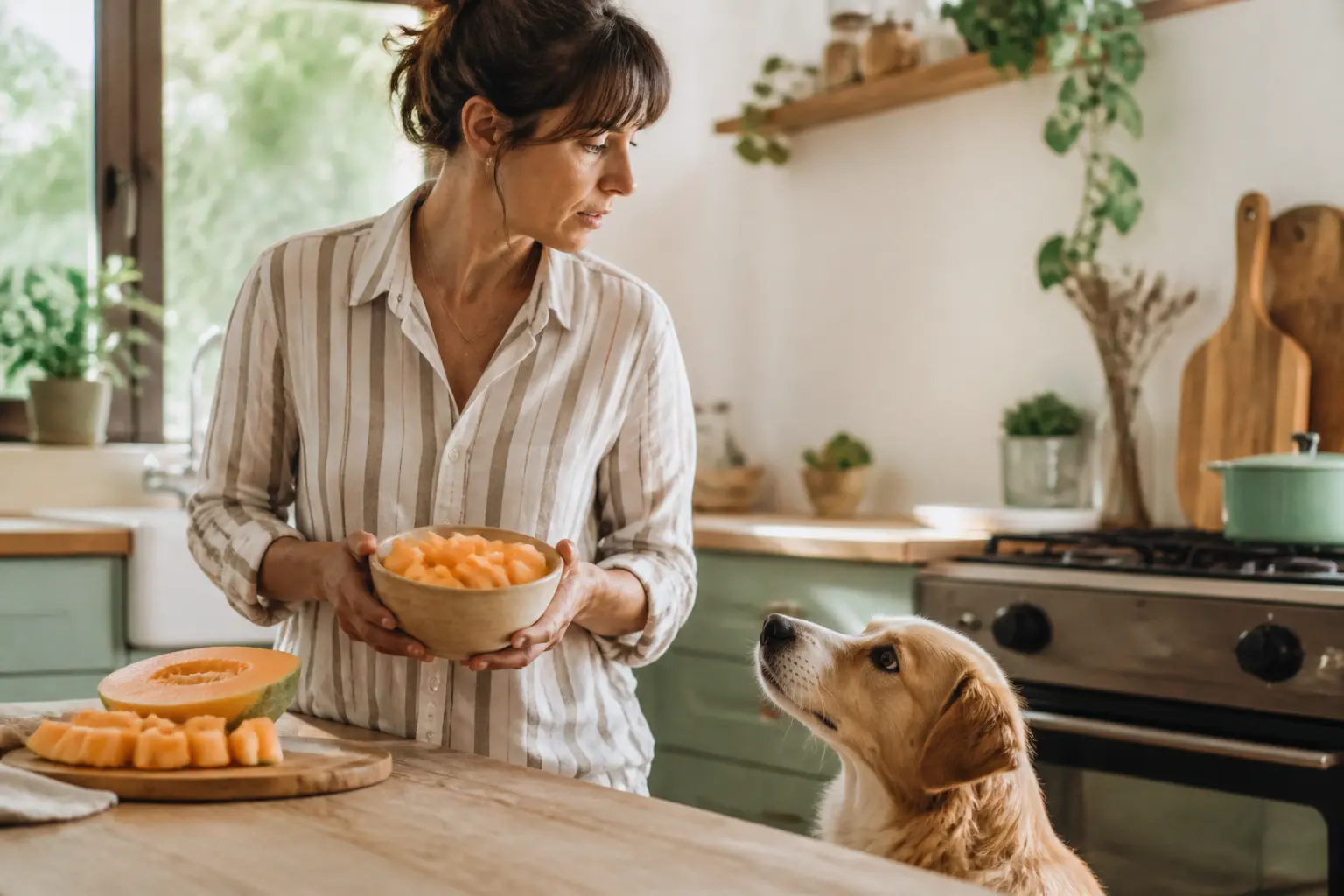 Propriétaire français avec melon chien en cuisine d’été, bol de melon frais pour chien attentif, lumière naturelle.