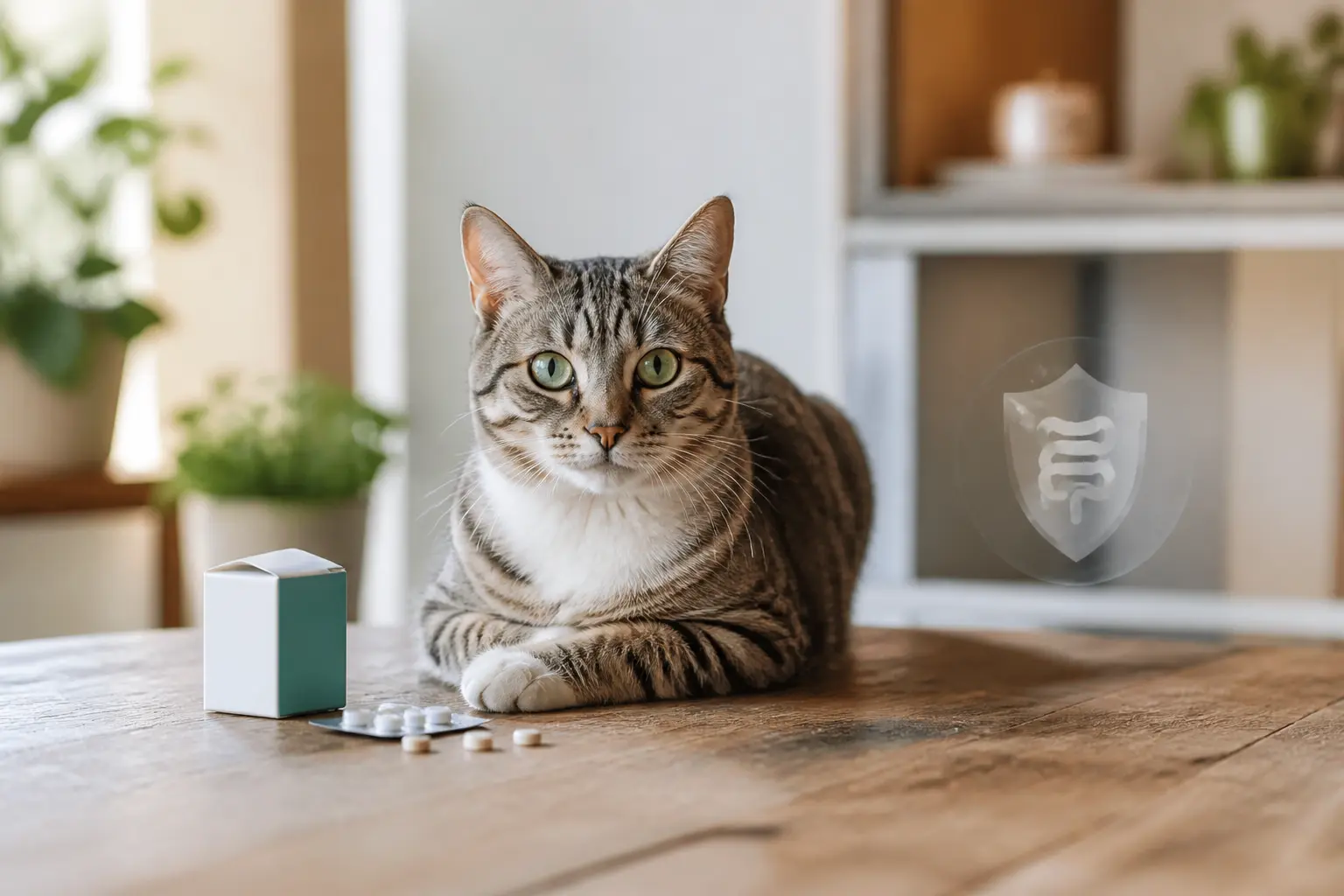 Milpro chat : chat calme sur table en bois, boîte vétérinaire et comprimés, ambiance soins antiparasitaires naturelle