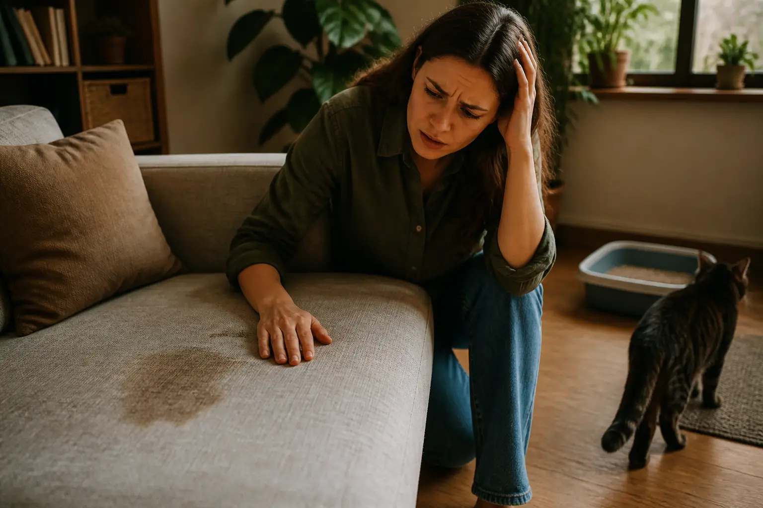 Mon chat fait pipi partout : propriétaire inquiet découvrant une tache d’urine sur un canapé près de la litière, chat tendu en arrière-plan