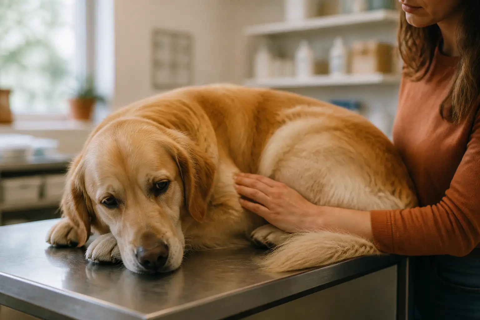 Chien inquiet sur table vétérinaire, posture recroquevillée, signes de pancréatite chien et main rassurante du maître