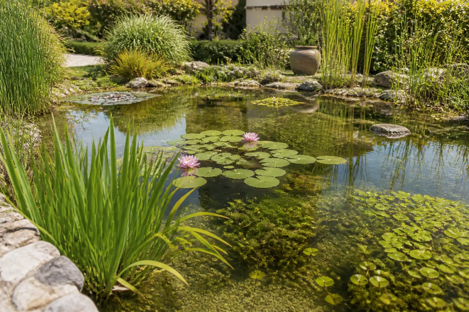 Bassin de jardin équilibré avec plante aquatique, nénuphars, lotus, roseaux et reflets dans une ambiance naturelle paisible