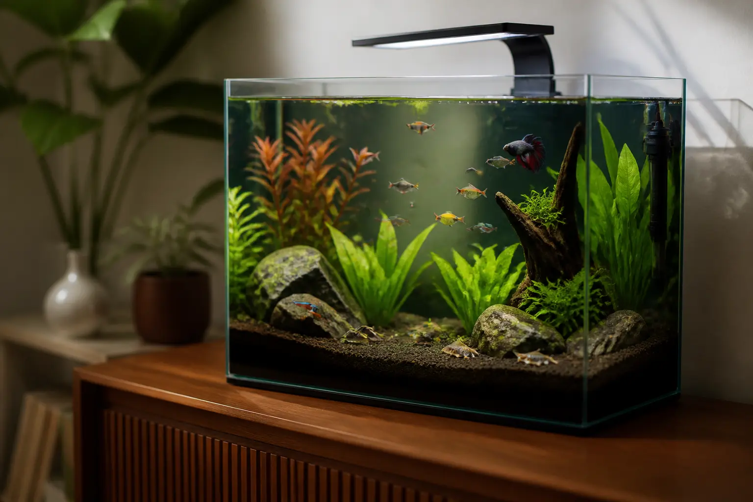 Poisson aquarium en bac d’eau douce serein, poissons colorés, plantes, roches et filtration, ambiance équilibrée pour débutants