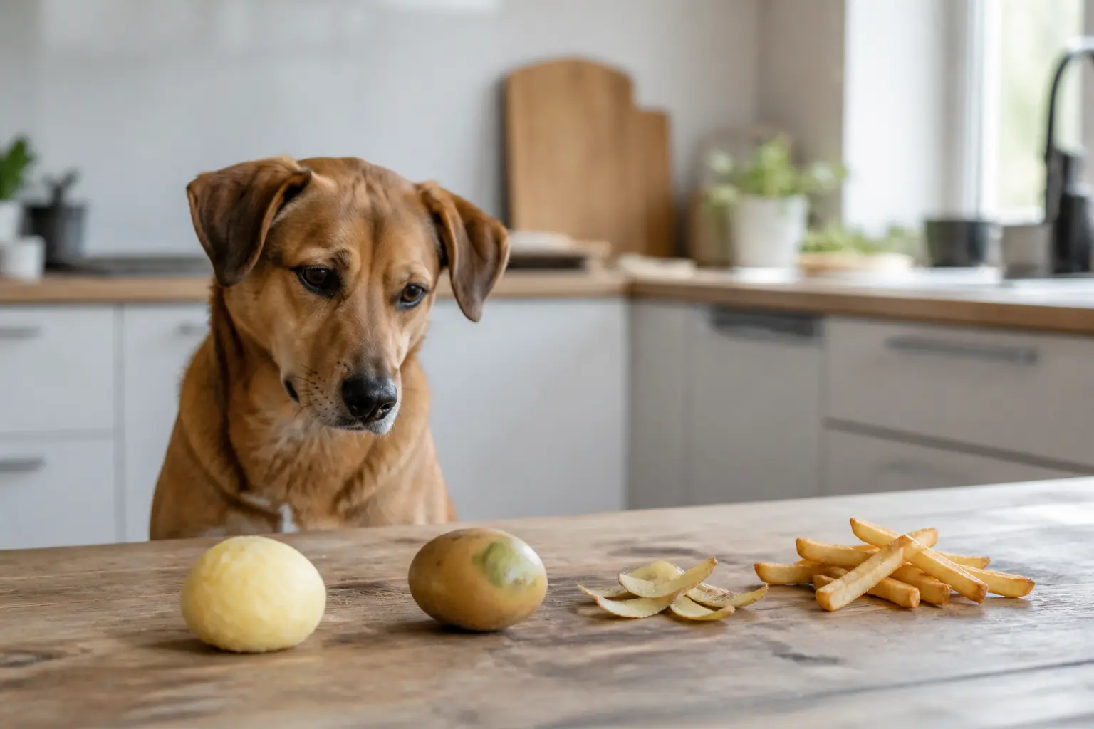 Chien attentif dans une cuisine près de pommes de terre, peaux et frites, illustrant la sécurité pomme de terre chien