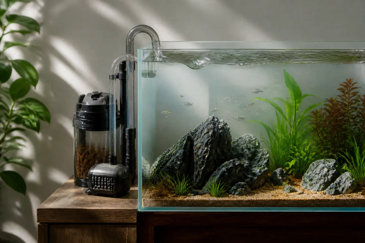 Pompe aquarium compacte dans un aquarium moderne avec filtration discrète, plantes, roches et eau en circulation naturelle