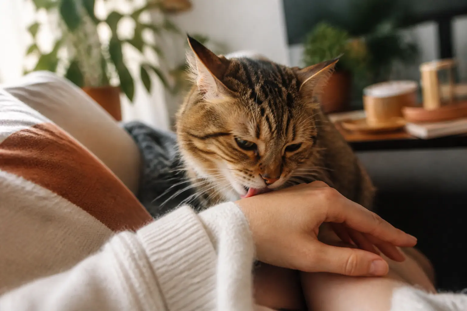 Pourquoi mon chat me lèche : chat domestique léchant doucement la main de son propriétaire, ambiance chaleureuse et intime