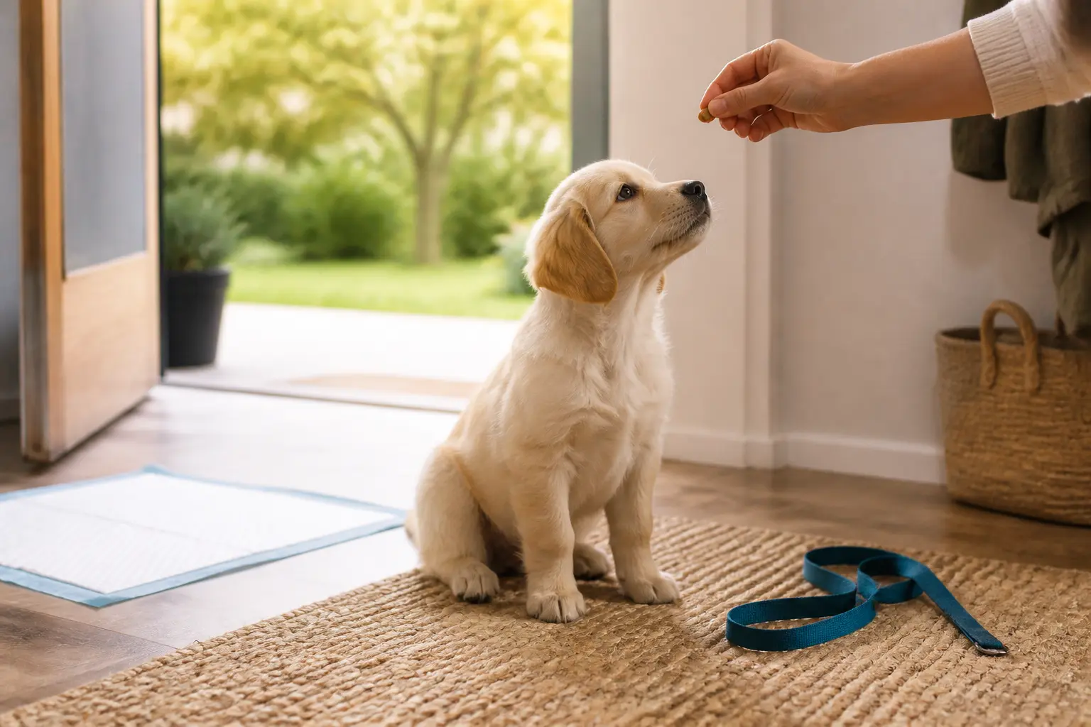 Propreté chiot : jeune chiot dans une maison chaleureuse, maître offrant une friandise près d’une porte ouverte.