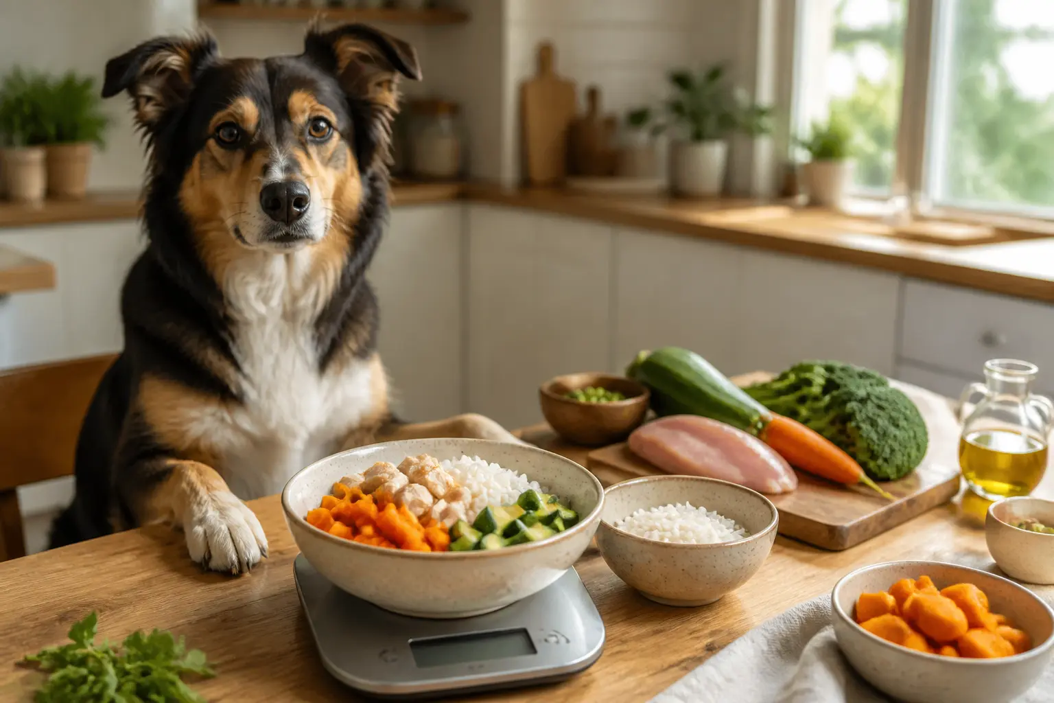 Ration ménagère chien : chien adulte sain dans une cuisine, avec poulet, riz, légumes et balance pour portions équilibrées