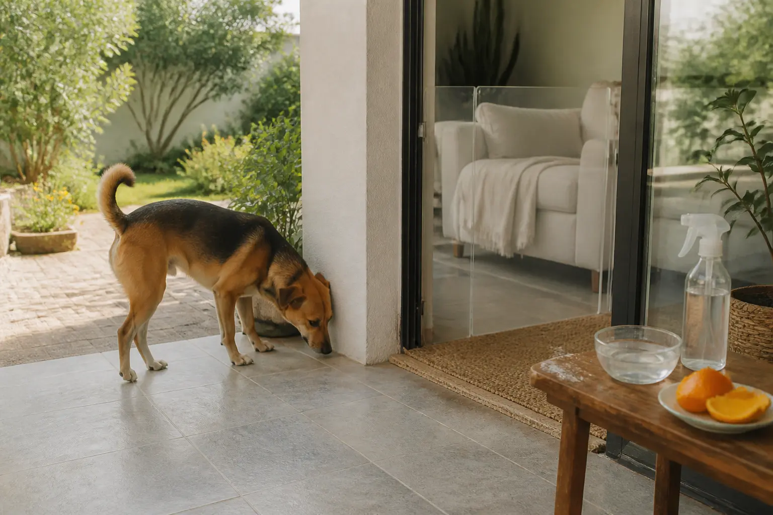Repulsif chien naturel près d’une entrée de maison, chien reniflant, vinaigre et agrumes, ambiance domestique soignée